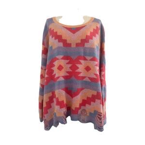 Wildfox White Label Aztec Print Distressed Sweater Oversized Pink/Orange/Blue- M